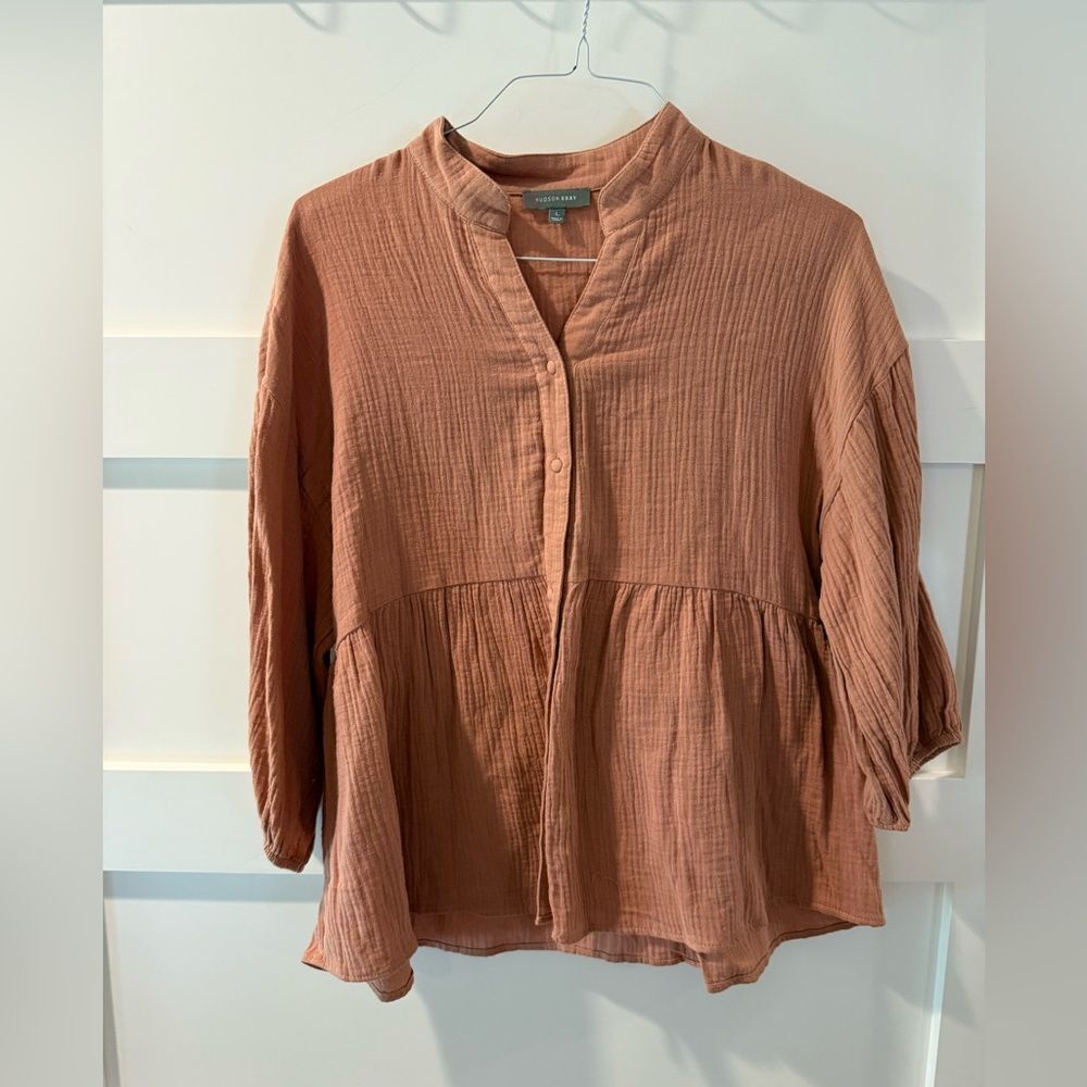 Hudson Gray Gauze Cotton Terra Cotta 3/4 Sleeve Blouse with Mandarin Collar